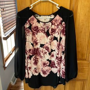 Dress Barn 1X Floral Blouse with Sheer Sleeves